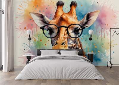 a whimsical illustration of a giraffe with large, soulful eyes wearing round, black-framed glasses, set against a vibrant backdrop splattered with an array of colorful paint drops Wall mural