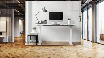 a white desk with a computer on top of it Wall mural