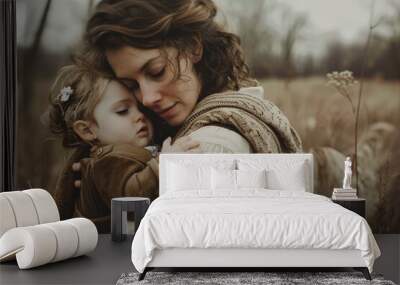 a woman holding a small child in a field Wall mural