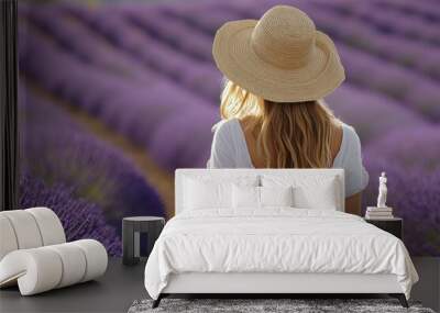 a woman in a hat walks through a lavender field Wall mural