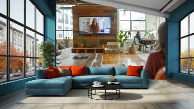 a woman sitting in a living room watching tv Wall mural