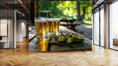 a wooden table topped with two glasses of beer Wall mural