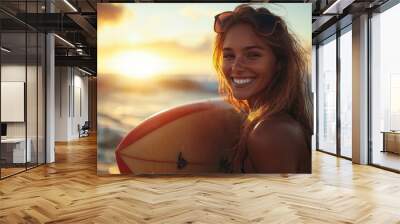 Adventurous female surfer having fun at the beach in summer, Generative AI Wall mural