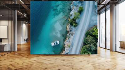 an aerial view of a boat on the water Wall mural