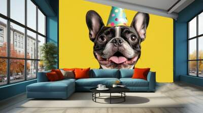 Banner for Web of French Bulldog pet with a happy face at funny birthday party wearing colourful hat yellow background. Holidays celebrations concept. Advertising postcards. Generative AI Technology Wall mural