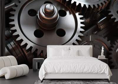 Heavy metal cogwheel gears conceptual illustration. Generative AI image. Wall mural