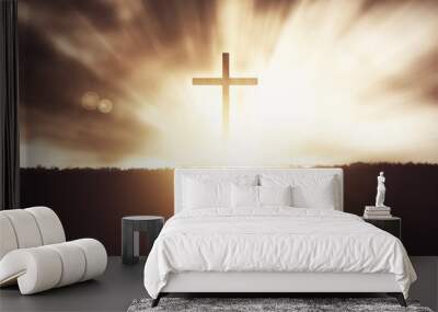 Cross at sunset. Wall mural