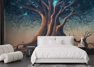 Huge tree at dusk with bright stars Wall mural