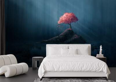 Pink tree in blue forest Wall mural