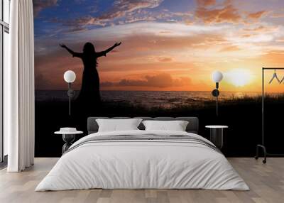 woman beach sunrise. Wall mural