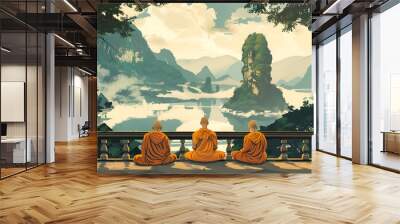 Cartoon Style Painting of Meditating Buddhist Monks Meditation Aspect 16:9 Wall mural