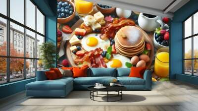 Delicious Breakfast Platter with Pancakes, Bacon, Eggs, and Fruit Wall mural