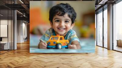 Indian small kid playing with toy car at home, happy expressions, Generative AI Wall mural