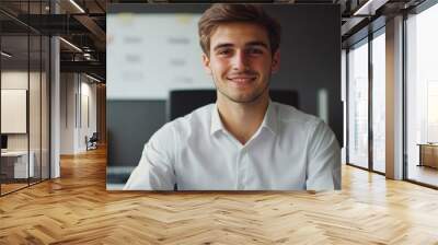 Portrait of young businessman in shirt, man smiling and looking at camera at workplace inside office, accountant with calculator behind paper work signing contracts and financial reports，Diverse Workp Wall mural