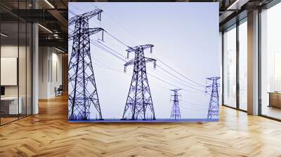 High voltage power line pylon towers for electric transmission infrastructure Electrical Engineering Electricity Supply Technology illustration white backdrop Wall mural