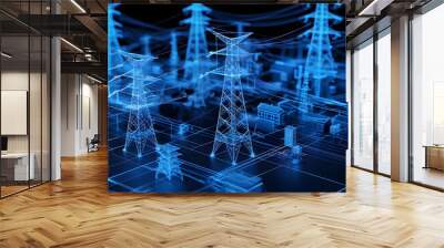 Voltage power cable line towers for electric transmission infrastructure Electrical Engineering Electricity Grid Network Energy Supply Industry Blueprint illustration Wall mural