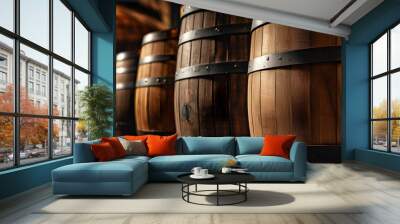 Wine Whisky Keg Cask Oak Barrels Closeup in Brewery Winery Cellar for Ferment Aging Winemaking Brew Process Alcohol Drink Storage Wall mural