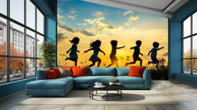 Silhouette group of happy children jumping playing on mountain at sunset, summer time, Generative AI Wall mural