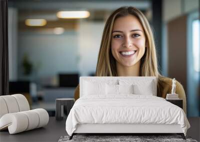 Smiling young professional woman in office, Generative AI Wall mural