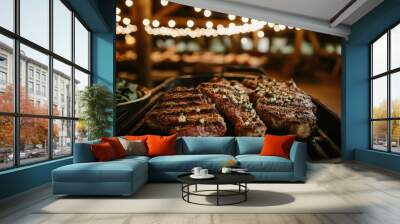 steaks and greens are cooking on a grill Wall mural