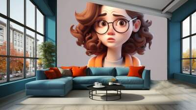 Stressed Young Woman in 3D Cartoon Style: Emotional Portrait of Glasses-Wearing Character on Light Background. Expressive Illustration for Mental Health Awareness, Workplace Stress, and Modern Life Ch Wall mural