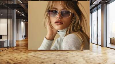 Stylish beautiful fashion girl wear trendy sunglasses looking at camera, retro vogue sexy attractive young model woman blond hair in eyewear posing, Generative AI Wall mural