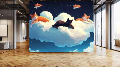 three cats are sleeping on a cloud in the sky Wall mural