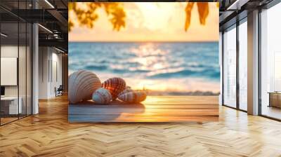 Tropical Paradise Getaway 2025: Rustic Wooden Table with Seashells and Ocean Symbols. Summer Holiday Concept for Travel Marketing, Vacation Planning, and Seaside Escape. 4K Wallpaper for End-of-Season Wall mural