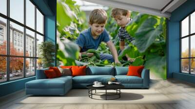 Two boys pick cucumbers on a farm, Generative AI Wall mural