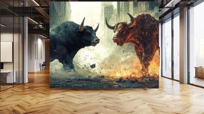 Two Bulls Facing Each Other in a City Street with a Bitcoin Symbol in the Background Wall mural