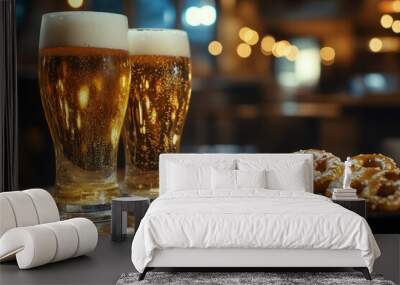 two glasses of beer and a plate of pretzels Wall mural