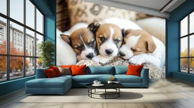 two puppies cuddle together on a blanket Wall mural