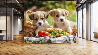 two puppies sitting on a blanket with a basket of food Wall mural