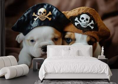 two puppies wearing pirate hats on a bed Wall mural