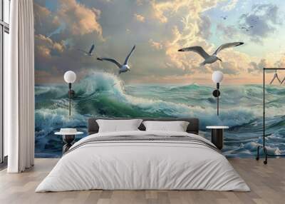 two seagulls flying over a wave in the ocean Wall mural