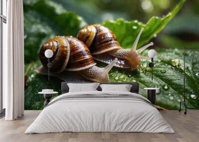 Two snails on wet leaf Wall mural