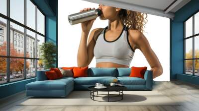 Female athlete drinking from bottle, on transparent background Wall mural