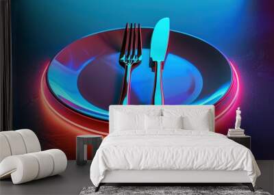 Futuristic food safety concept with glowing isolated cutlery, plate, fork and knife and shield Wall mural