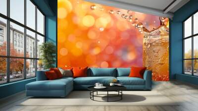 Detailed shot of a fizzy drink being poured focusing on the bubbles and splash against a vibrant backdrop Wall mural