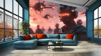 Mercenary leading a drone squadron in a corporate warfare scenario equipped with cybernetic enhancements Wall mural