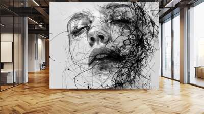 Sketchy minimalist portrait art focusing on expressive lines and the rawness of human emotion Wall mural