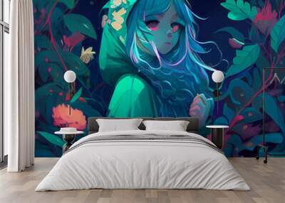 A portrait of a cute girl with long wild blue hair wearing a green hooded cloak created with generative AI technology. Wall mural