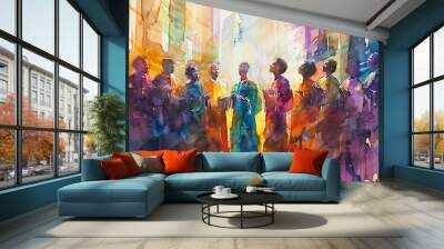 A diverse group of gospel singers passionately performs, creating an uplifting atmosphere infused with vibrant colors around them, watercolor art Wall mural