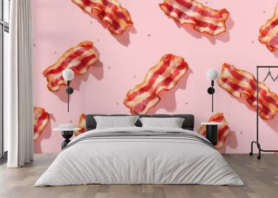 A flat lay illustration of crispy bacon strips arranged on a light pink background Wall mural