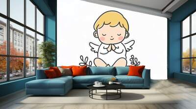 A gentle line drawing of baby Jesus with a peaceful expression, sitting with hands clasped in prayer, surrounded by simple greenery in soft pastel hues Wall mural