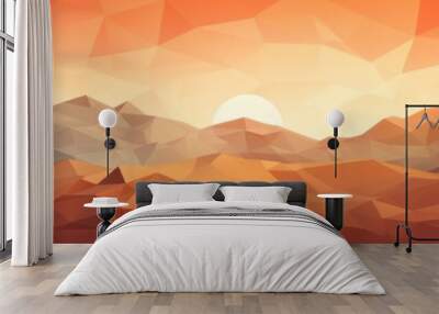 A mountain range with a sun in the sky, banner, copy space. Desert landscape low poly style imitation, backdrop. Wall mural