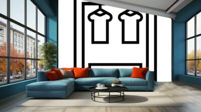 A simple line drawing showcasing a clothing display with two shirts hanging from a rack and a bench below, emphasizing a minimalist shopping atmosphere Wall mural