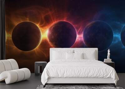 A succession of solar eclipse phases with vibrant corona visible, background, wallpaper, cosmic banner Wall mural