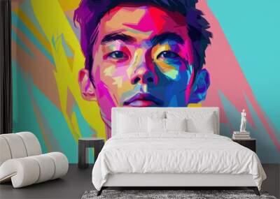 A vibrant, flat design portrait of a young Asian man with neon colors and a simplistic, elegant style Wall mural