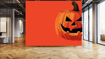 A vibrant Halloween pumpkin with a classic spooky face stands out against a bright orange background, perfect for seasonal themes and decorations, copy space Wall mural